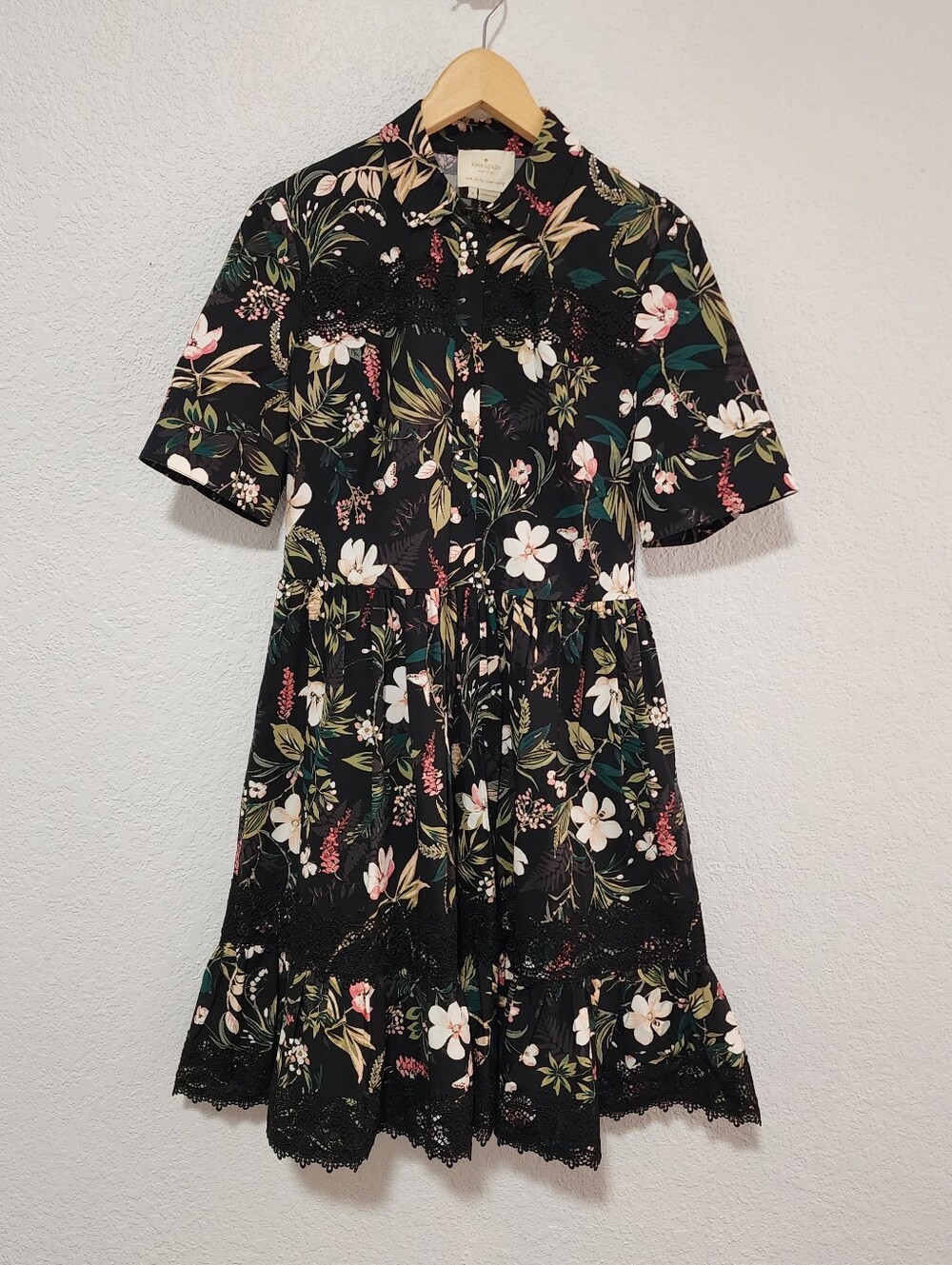 Kate Spade Botanical Floral Lace Trim Midi Flowy Bottom Dress Small Whimsical